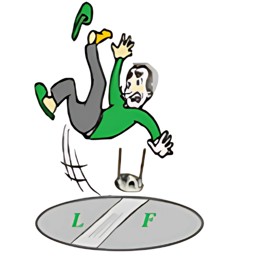 Man falling, losing his flip-flops. Grey ground with markings, green shirt, surprised expression.