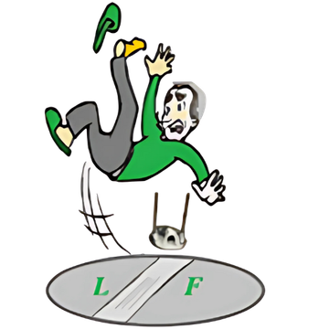 Man falling, losing his flip-flops. Grey ground with markings, green shirt, surprised expression.