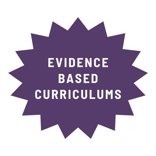 Purple starburst with white text: Evidence Based Curriculums.