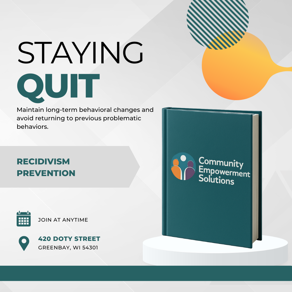 Flyer promoting recidivism prevention. Includes a book, text, and location information.