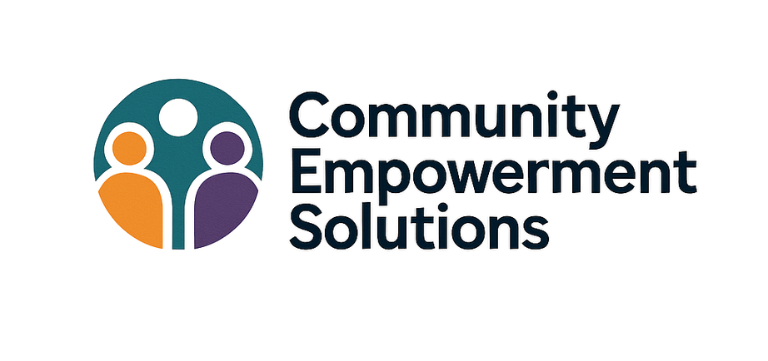 Logo for Community Empowerment Solutions with teal circle and figures.