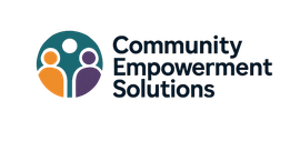 Logo for Community Empowerment Solutions with a teal circle containing three figures in orange, teal, and purple.