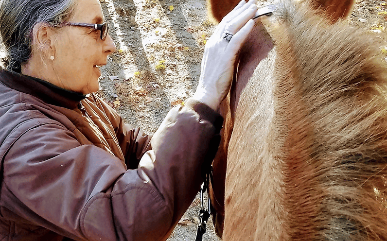 Woman petting a horse's neck outdoors. The horse has a brown mane. The woman wears glasses and a brown coat.