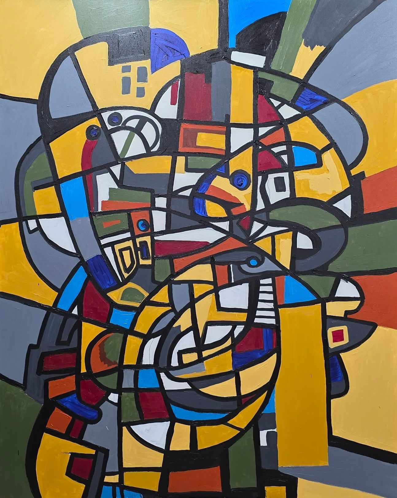 Abstract geometric painting with bold black outlines, blocks of red, yellow, blue, and gray on a yellow background