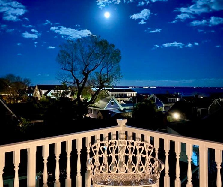 Exterior picture from the roof dec with white spindle racing, white bench, and moon rising over the water.