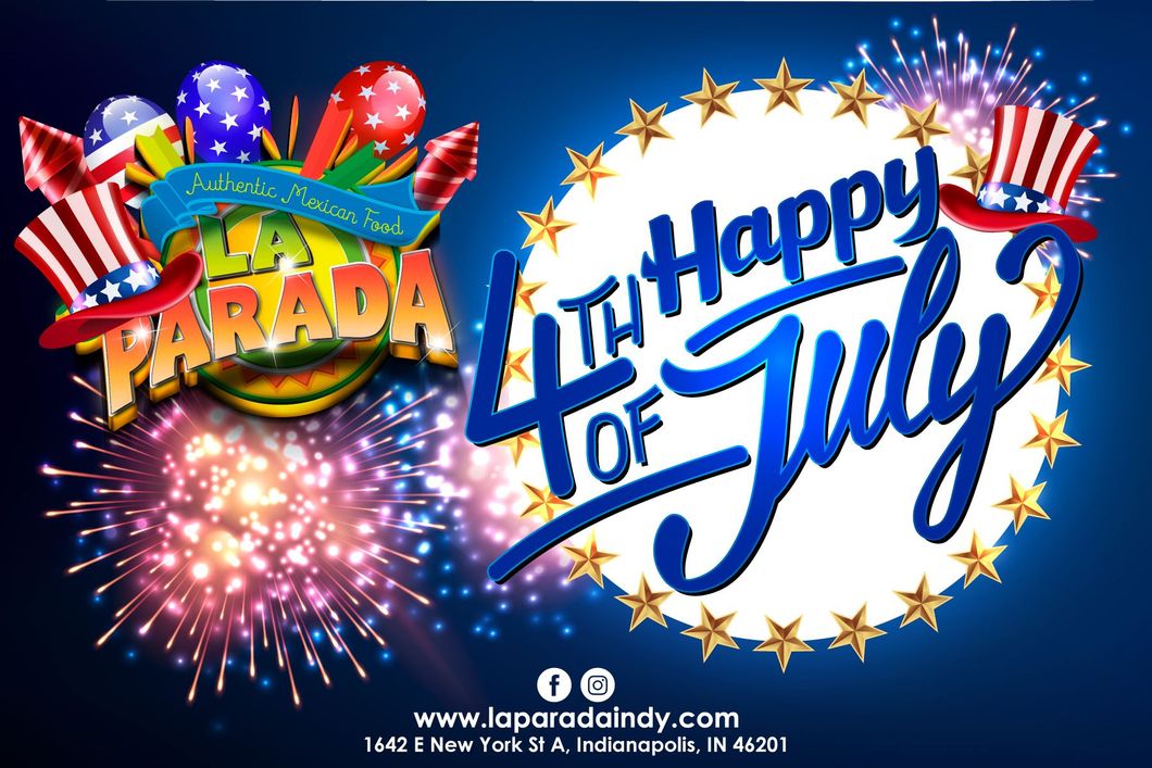 Happy 4th of July fireworks banner with patriotic red, white and blue decorations.
