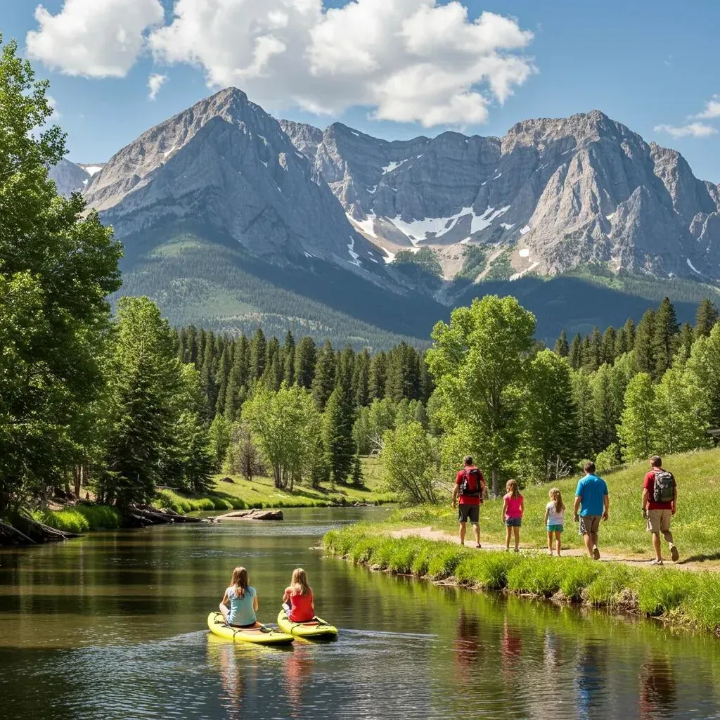 People kayaking and hiking by a river with a mountain backdrop, sunny day.