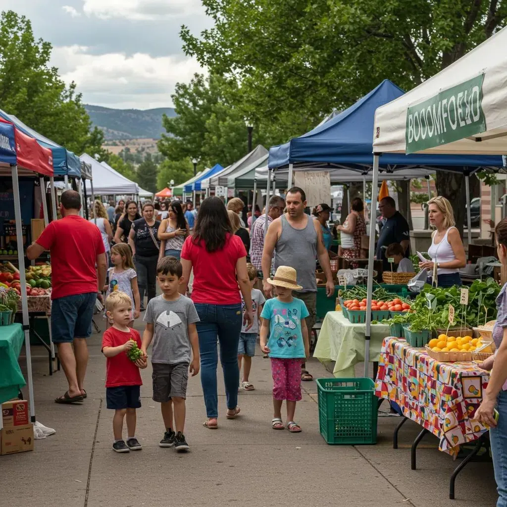 People shop at a busy outdoor farmers market with tents, produce, and children.