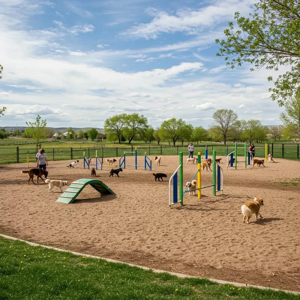 Dog park with dogs playing on agility equipment; sunny day, blue sky.