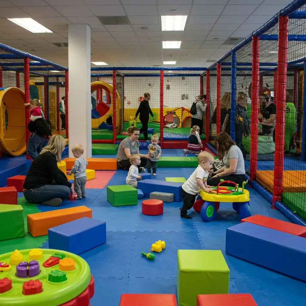 Indoor playground with children, parents, and play structures. Blue mats, colorful blocks, and red, blue, and yellow equipment.