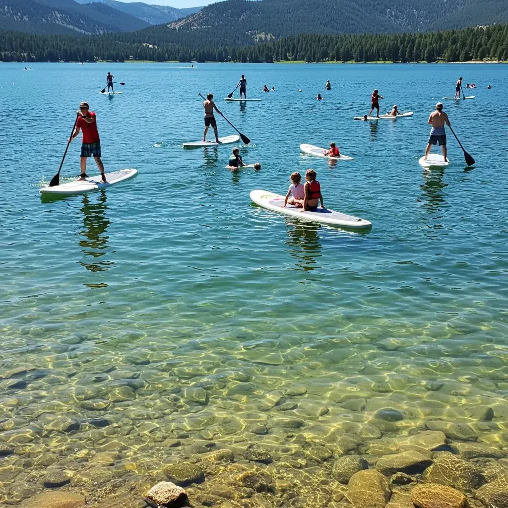 People paddleboarding on a clear blue lake with mountains in the background on a sunny day.