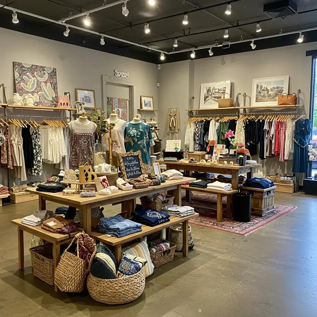 Clothing store interior with clothing racks, display tables, and a variety of apparel on display.