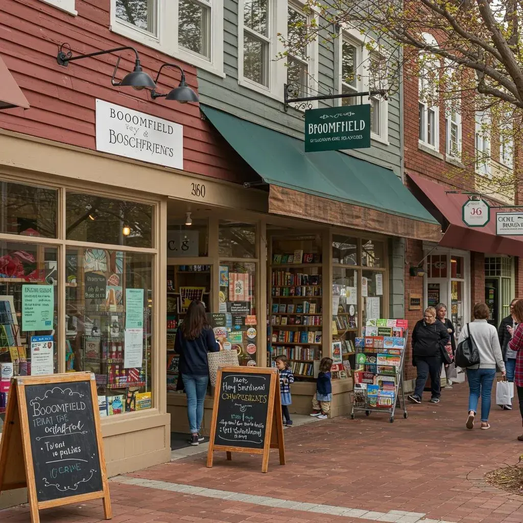 Bookstore exteriors on a brick street. People walk past shop windows. Signage includes book titles and shop names.