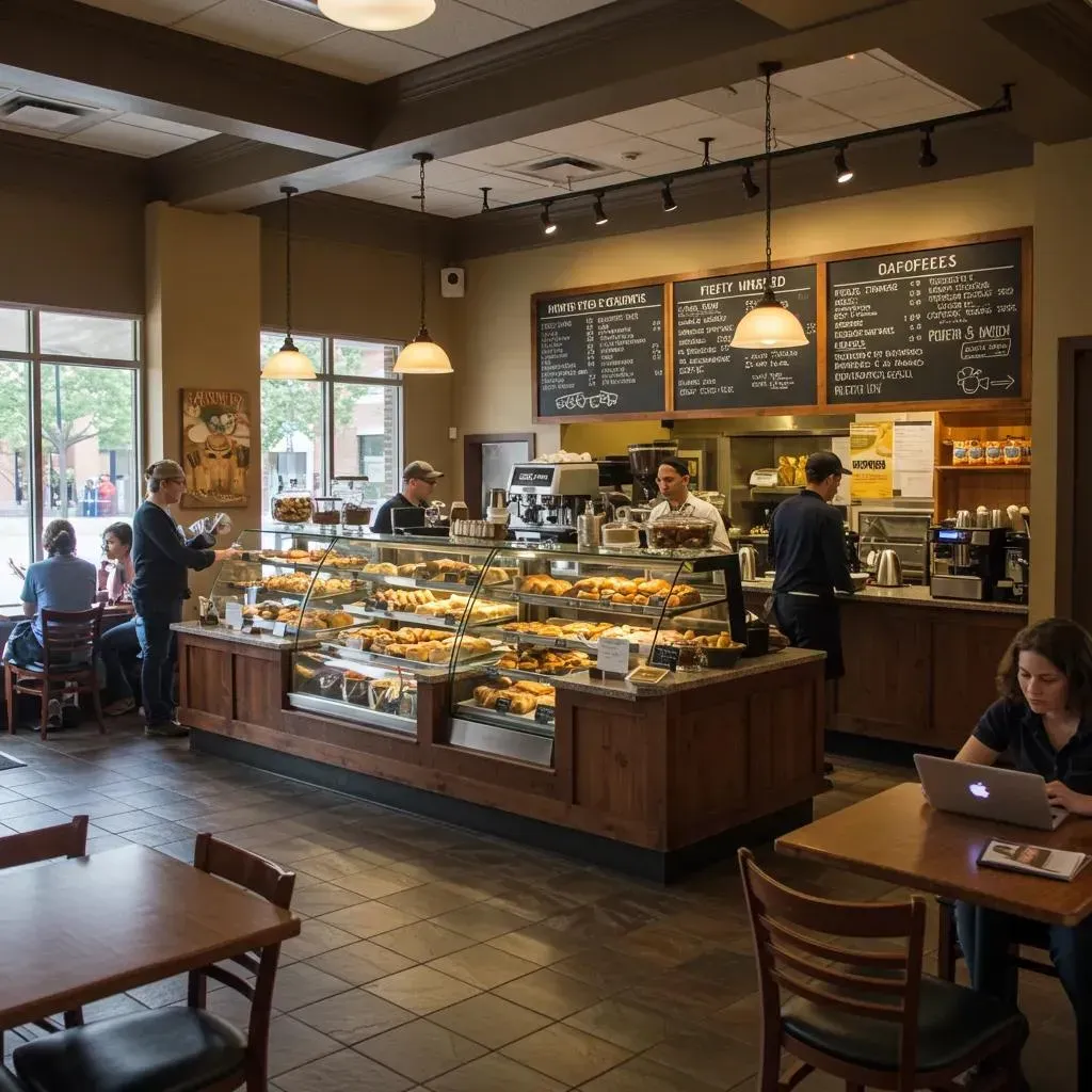 Interior of a cafe with patrons seated at tables, a pastry display case, and staff behind a counter.