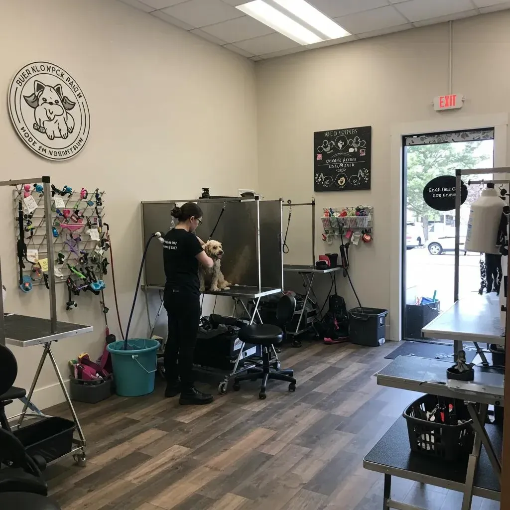 Dog grooming salon: Groomer with dog at stainless steel table. Accessories and door to outside visible.