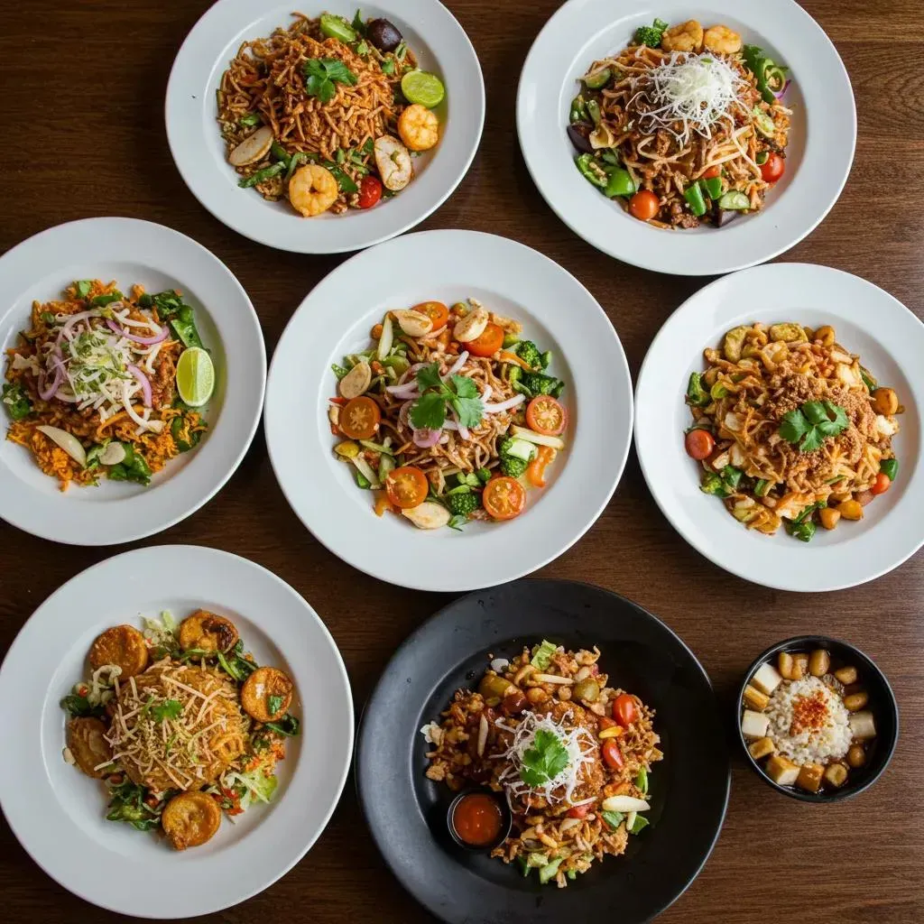 Plates of colorful food, arranged on a dark surface. Salad or stir-fry with garnishes.