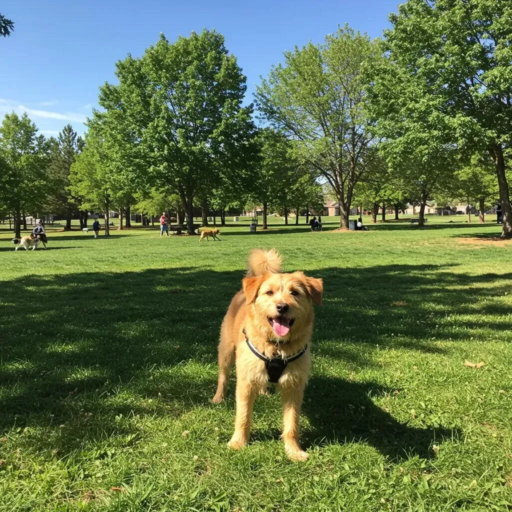 Happy golden dog in a park, tongue out, standing in green grass with trees and people in the background.