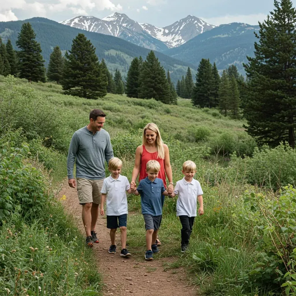 Family hikes on a path in the mountains, sunny day, smiles.