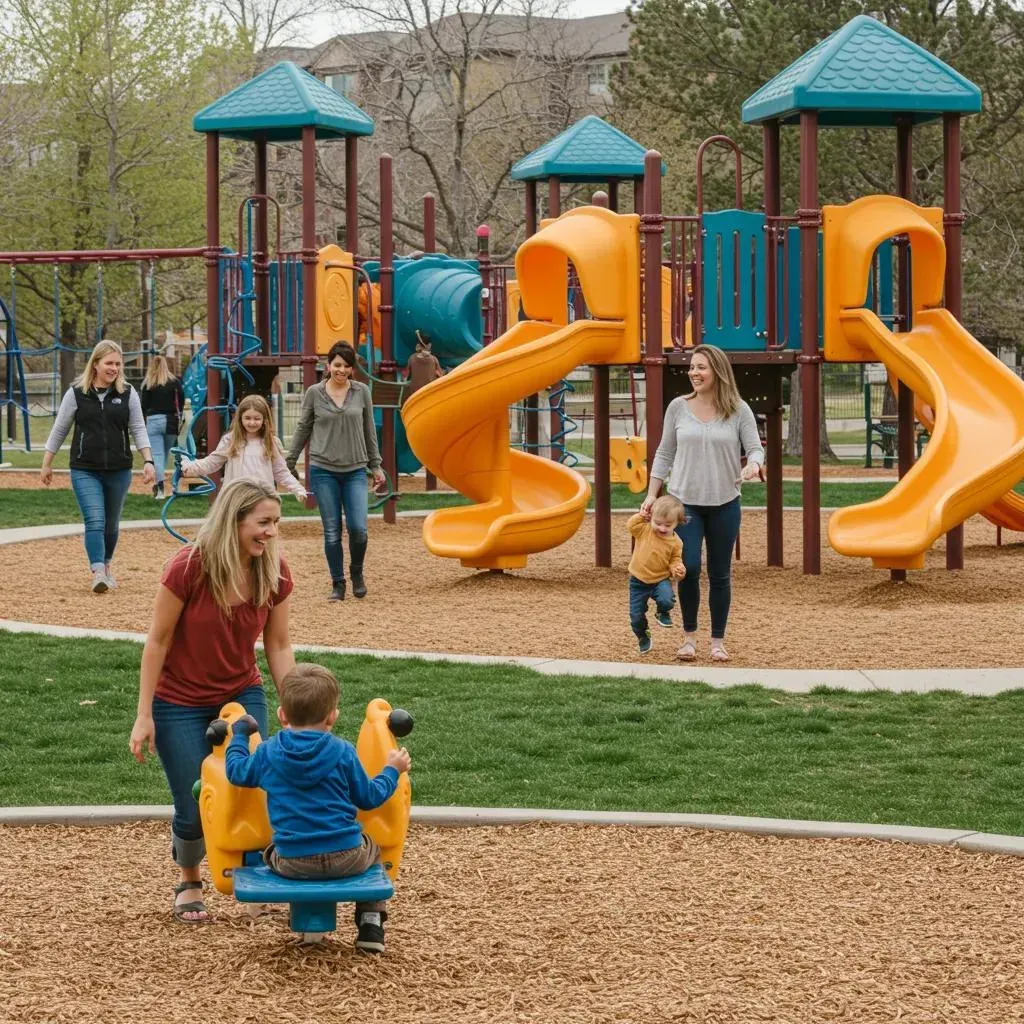 Playground scene: adults and children playing on slides, swings, and seesaw. Brown wood chips cover the ground.