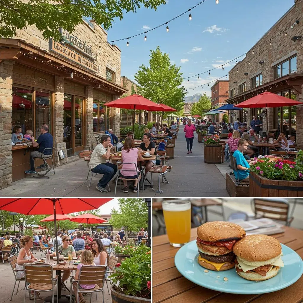 Outdoor dining area with restaurants, red umbrellas, people eating, and burgers.