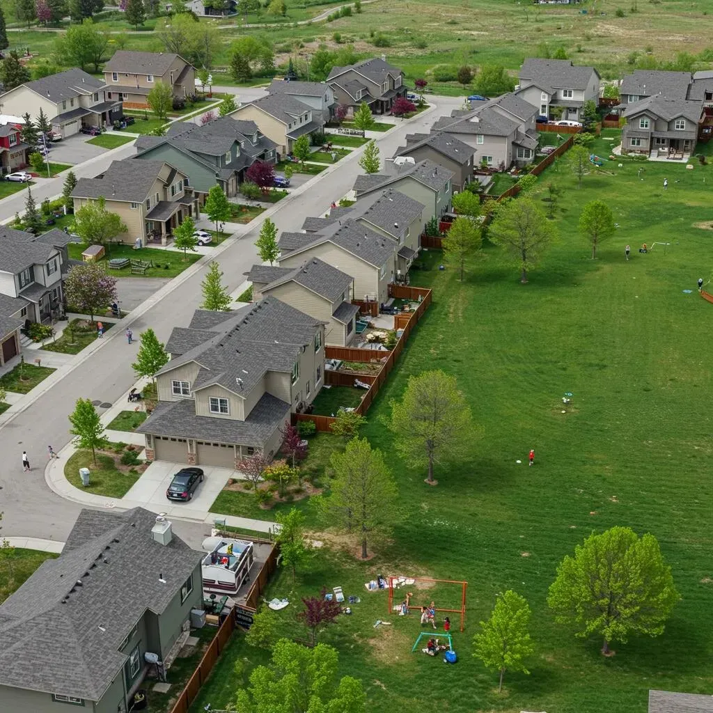 Aerial view of suburban houses with green lawns and a park.
