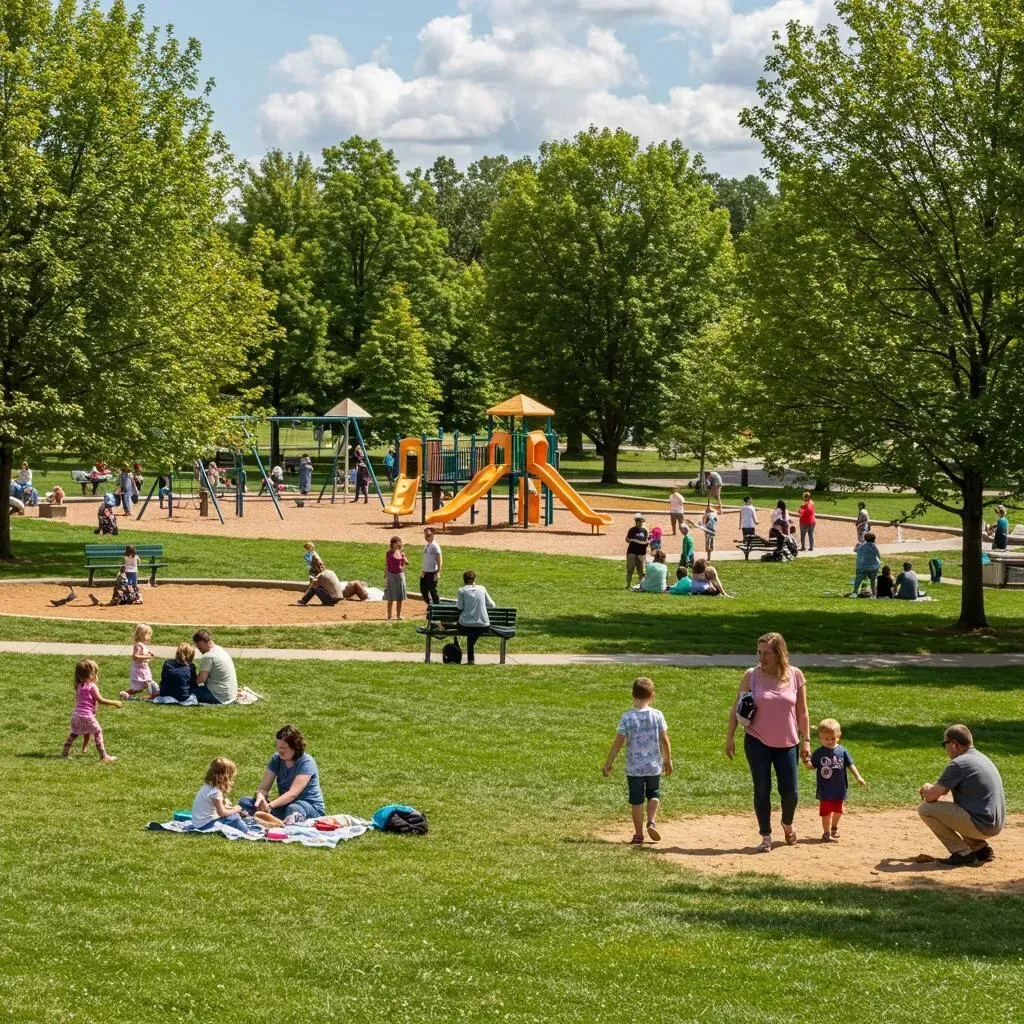 Park scene: playground with slides, swings, and people relaxing on the grass, sunny day.