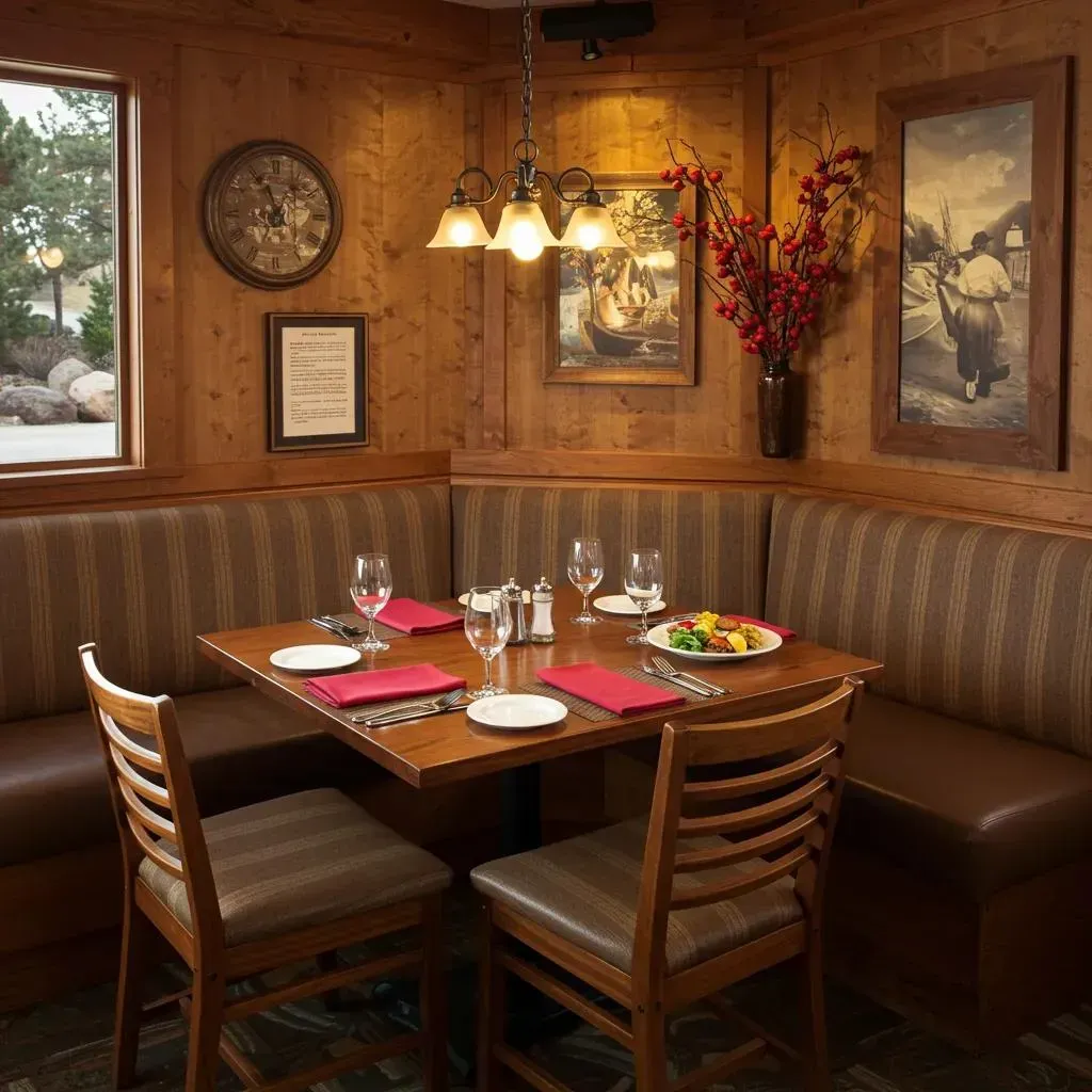 Restaurant booth with wooden walls, table set for four, artwork, and natural light from a window.