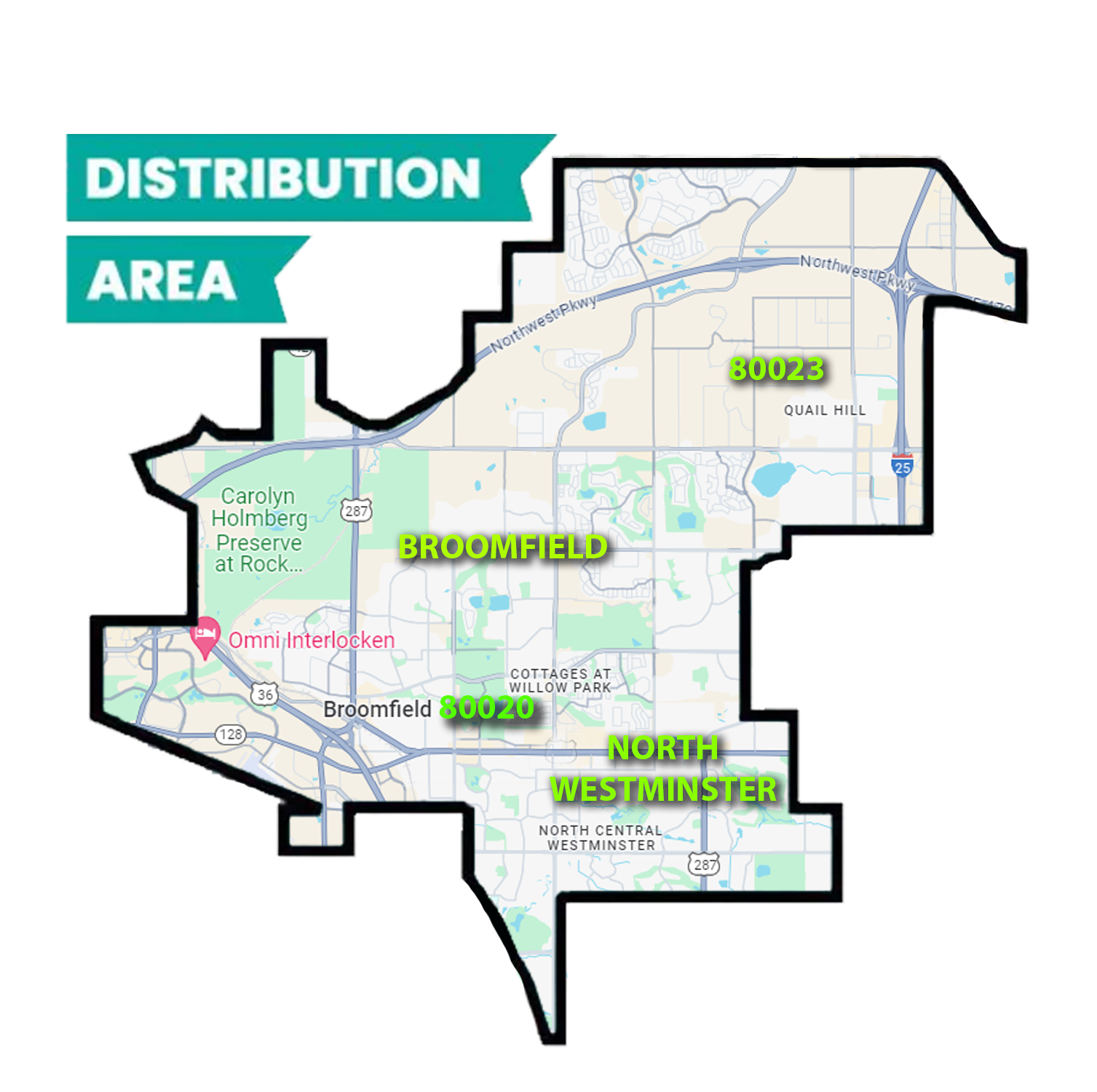 A map showing the distribution area of broomfield