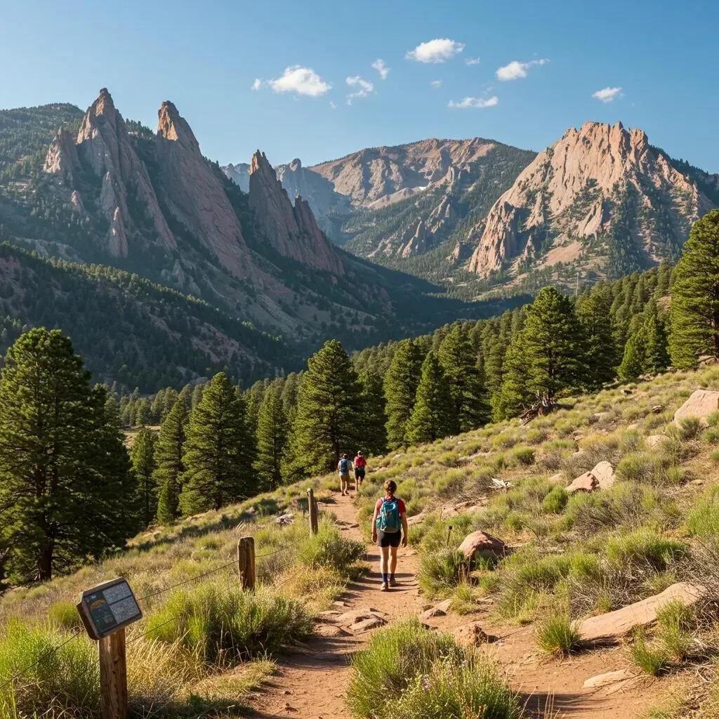 Hikers on a trail through a mountain valley, with tall rock formations and trees under a blue sky.