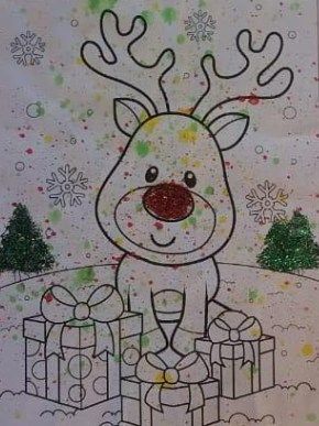 Outline of a reindeer with gifts, snowflakes, and trees, decorated with glitter and paint splatters.