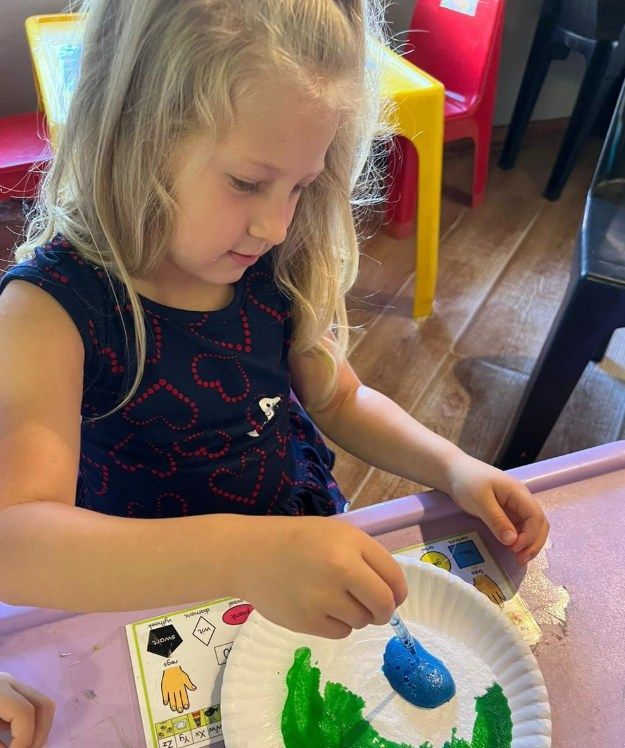 Girl painting on a paper plate with green and blue paint at a table indoors.