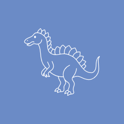 White outline of a dinosaur with spiky back and curved neck on a blue background.