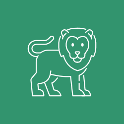 White outline of a lion with a mane, on a green background.
