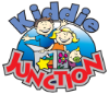 Kiddie Junction logo with cartoon children, flowers, and building blocks on blue background. Red text below.