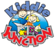 Kiddie Junction logo with cartoon children, flowers, and building blocks on blue background. Red text below.