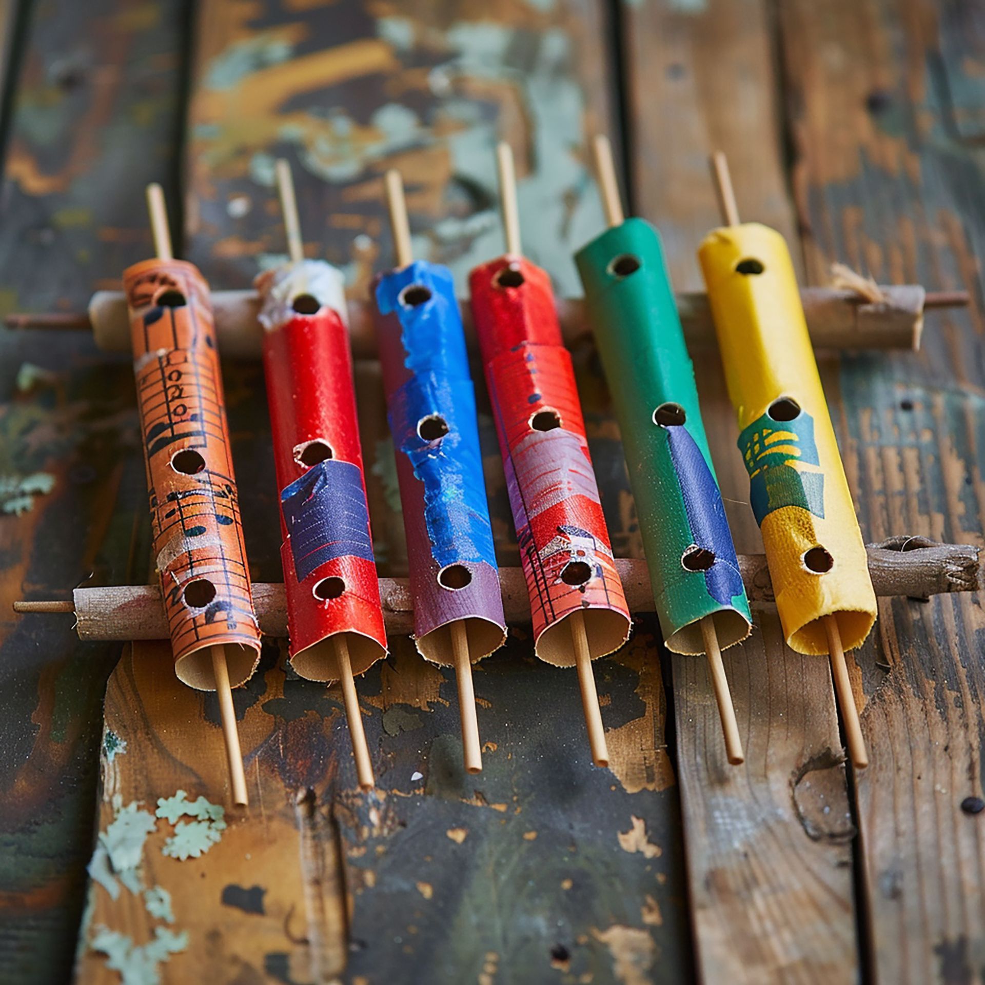 Six colorful handmade flutes on weathered wood.