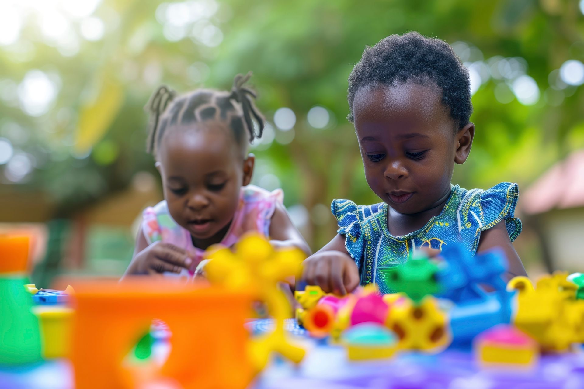 Two toddlers playing with colorful toys at an outdoor table.
