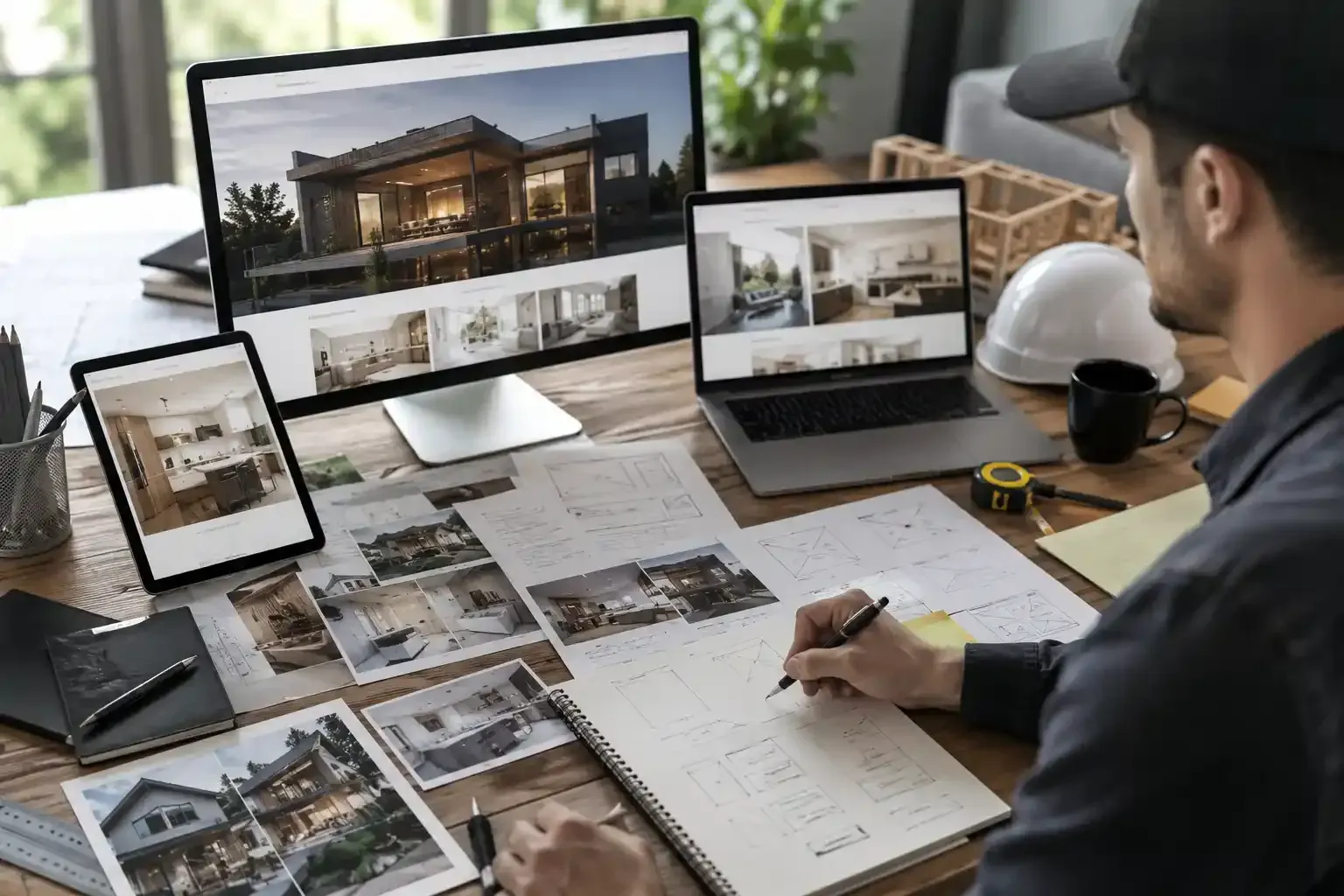 Website design process for general contractors with strategy, wireframes, project photos, and planning materials