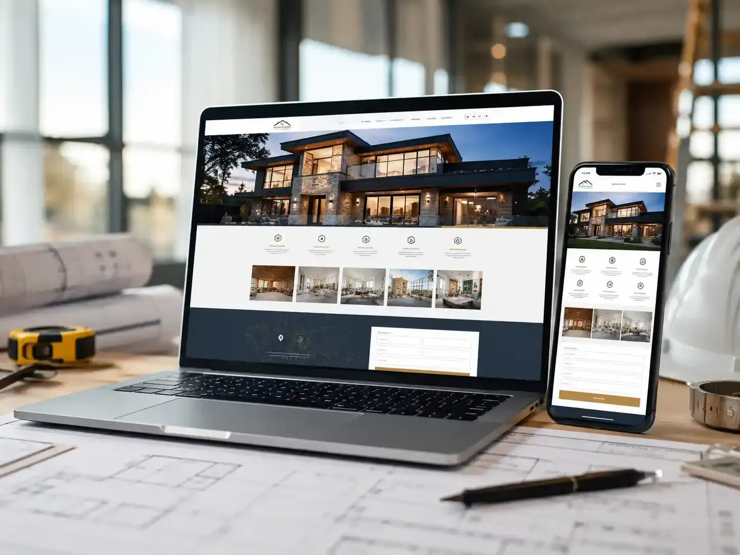 Modern general contractor website mockup displayed on a laptop and phone with service pages, project galleries, and contact forms