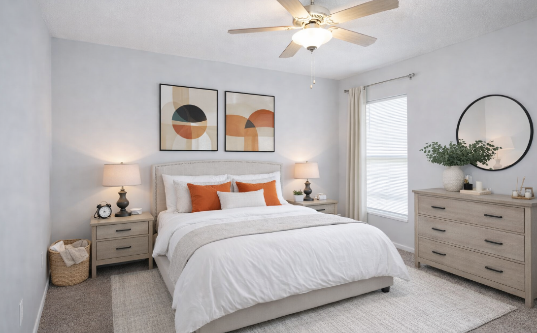 Bedroom with white walls, bed, dresser, art, lamps, and a ceiling fan.