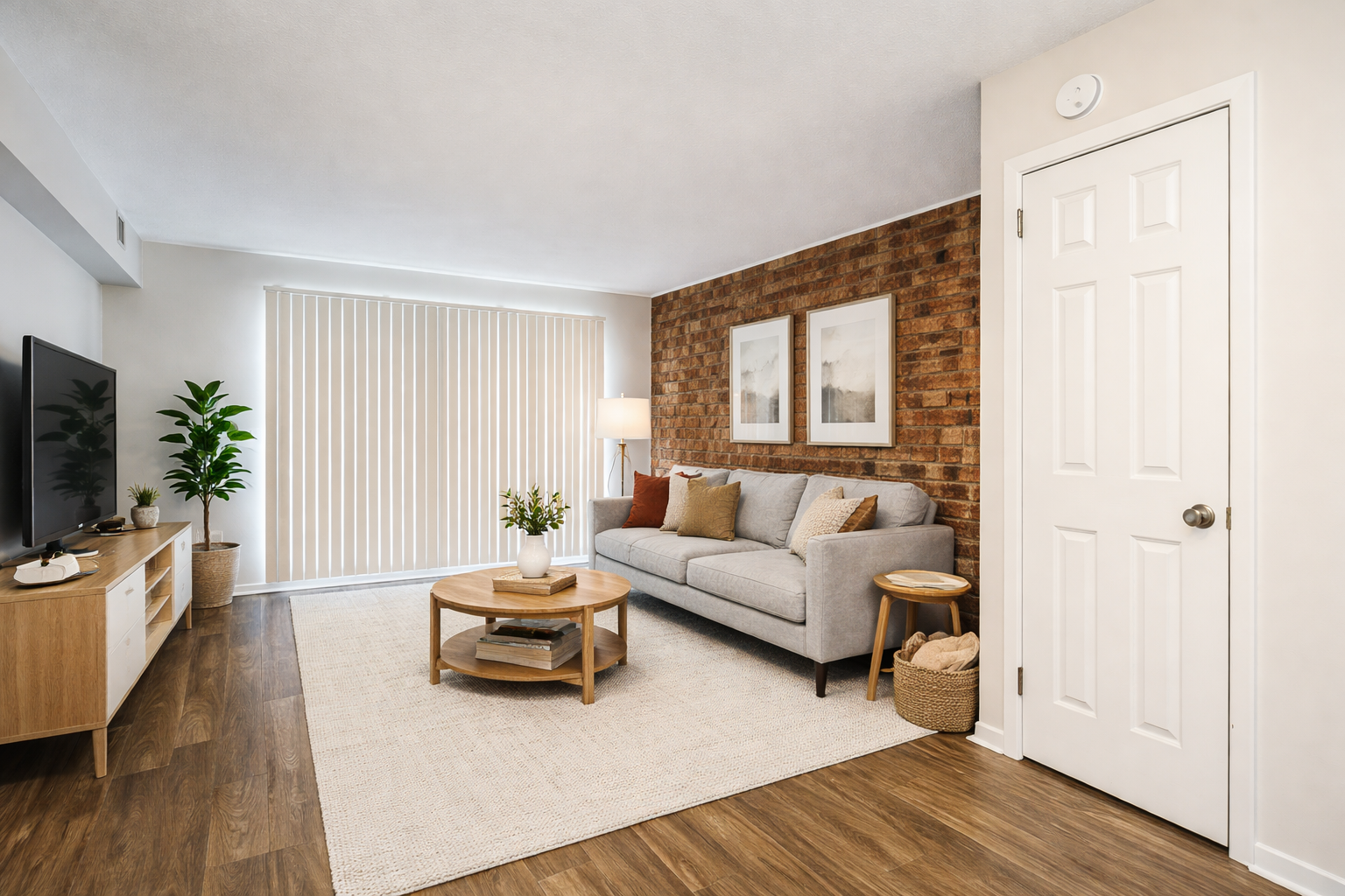 Living room with gray sofa, brick accent wall, round coffee table, and large window.