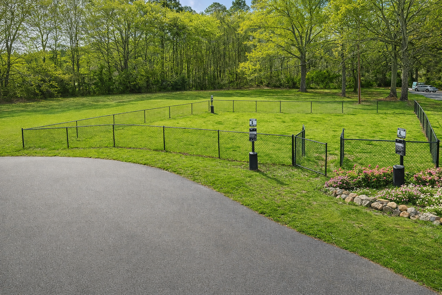 Grassy area with black fencing, paved path. Green trees in background.