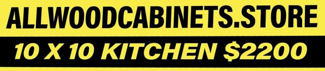 A yellow sign that says allwood cabinets store 10 x 10 kitchen $ 2,200