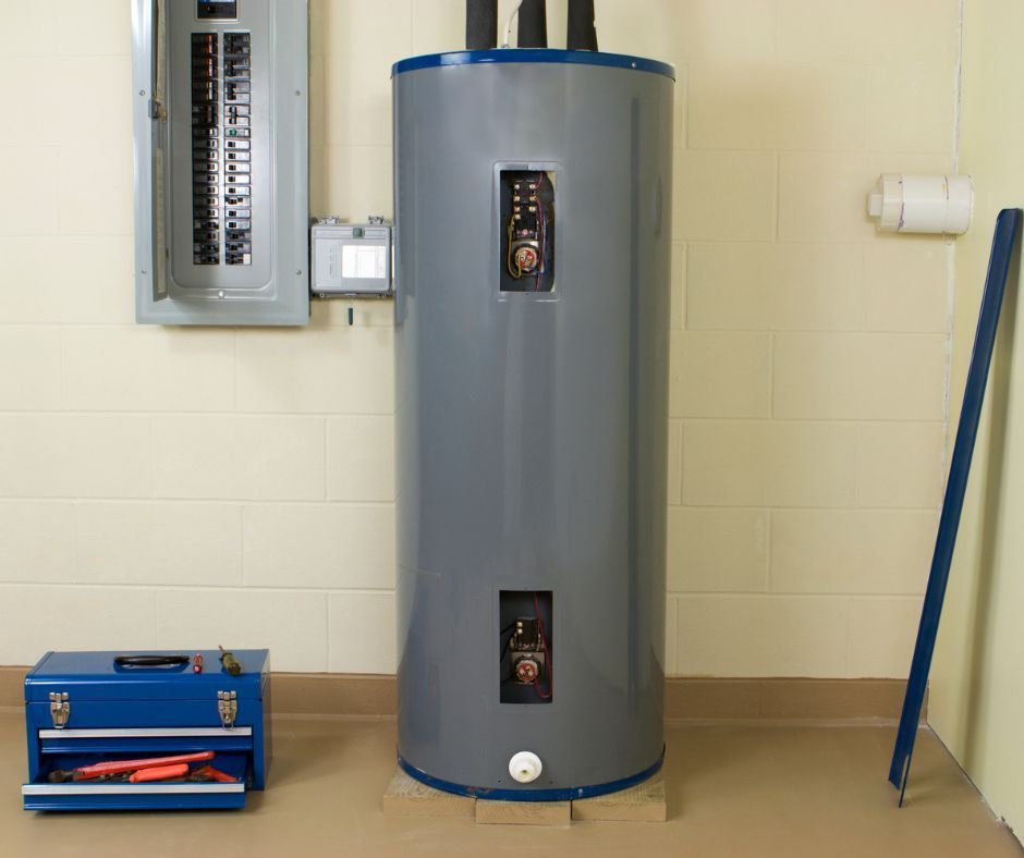 Utility room with a large water heater, electrical panel, and blue toolbox.