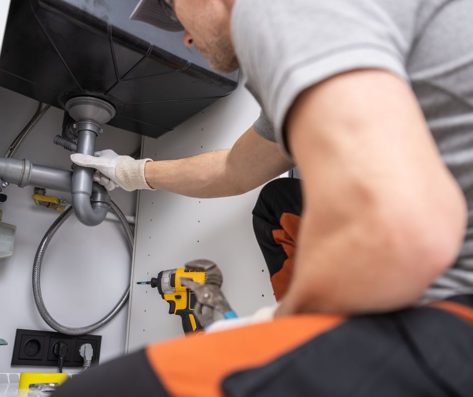 A professional plumber servicing pipes under the sink