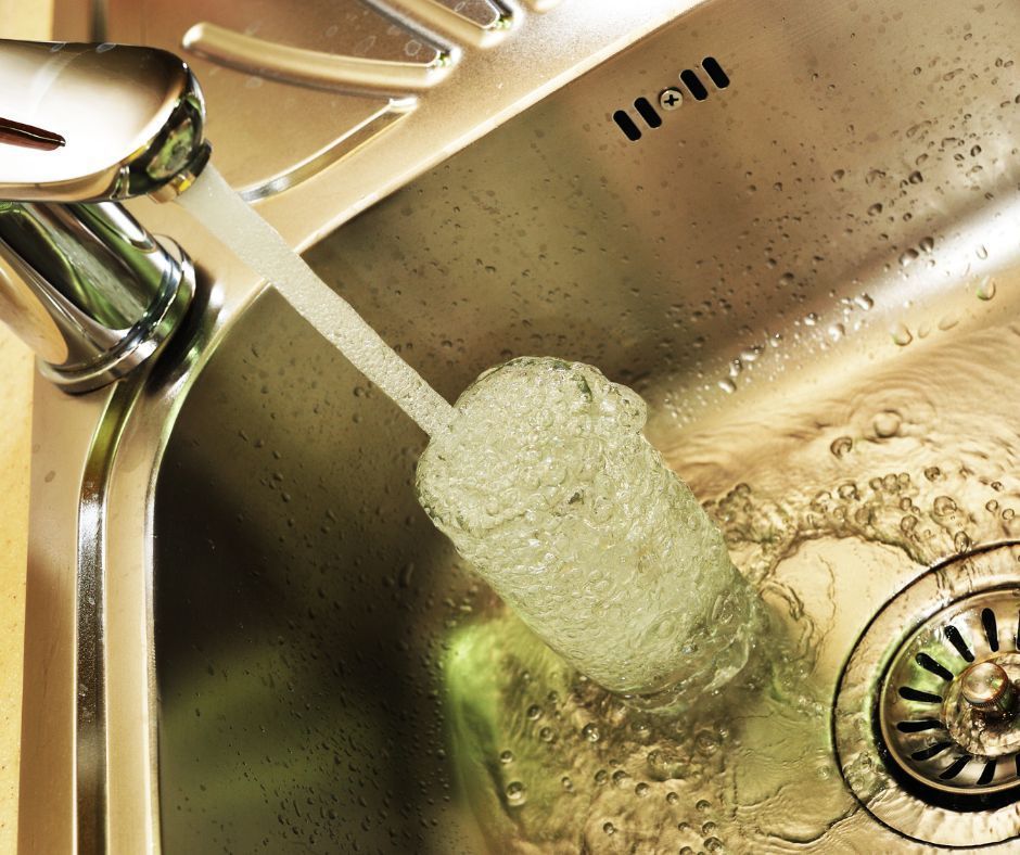 Running tap filling overflowing glass in sink, showing waste of water.