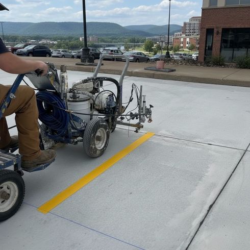 Parking Lot Striping Machine Laying down lines on concrete in Chattanooga