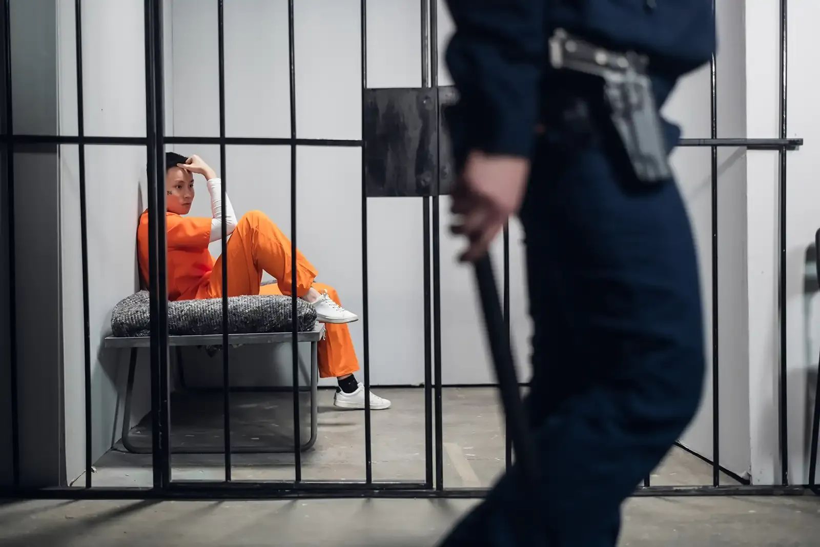 A man in an orange jumpsuit is sitting in a prison cell behind bars.