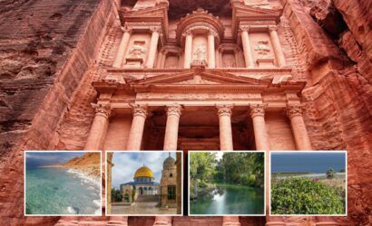 A collage of pictures shows a building , a mosque , a river , and a beach.