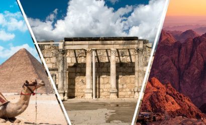 A pyramid , a building , a camel and a mountain are shown in a collage.